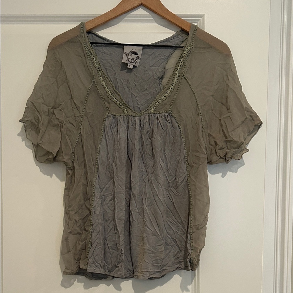 Anthropologie Olive Green Crinkled V-Neck Short Sleeve Blouse